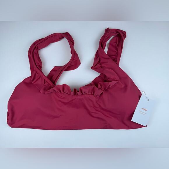 NWT Andie Swim The Hydra Bikini Top Ruffle Trim Rosette Pink Size Large - Picture 2 of 6